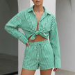 Green striped summer two-piece women's co-ord set with drawstring waist by FJØRNA, featuring a stylish and comfortable design.