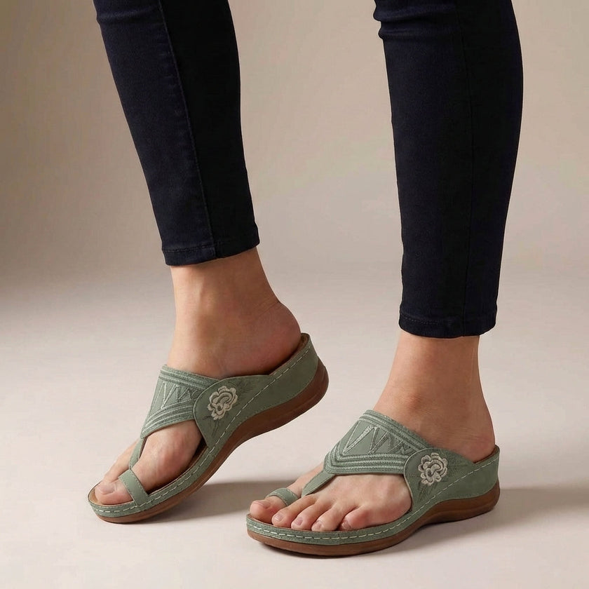 Green FJØRNA orthopedic floral embroidered wedge sandals for women with decorative embroidery and comfortable wedge heel.