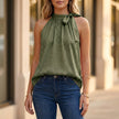 FJØRNA women's summer blouse with leopard print, halter neck, green sleeveless top for women.