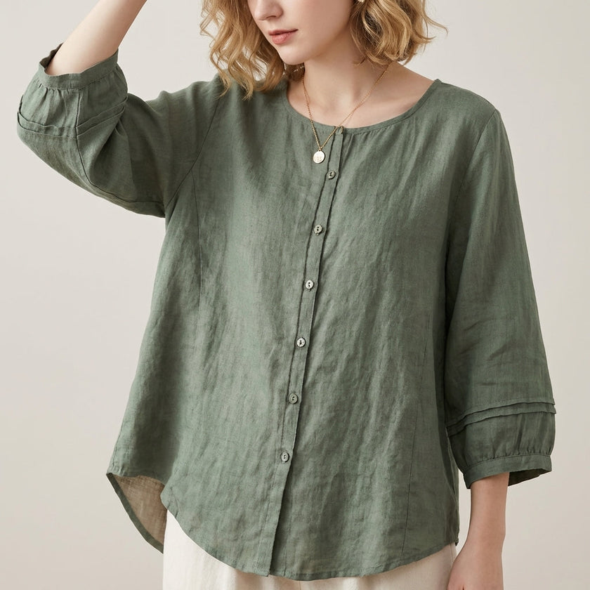 Green linen summer top for women by FJØRNA with a button-front casual design, perfect for warm-weather casual wear.