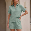 FJØRNA Coastal Ease green button-up shirt and relaxed shorts set, stylish 2-piece summer outfit, casual and comfortable.