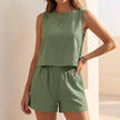 Green linen summer two-piece cropped co-ord set for women by FJØRNA, featuring a stylish, breathable design.
