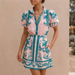 FJØRNA green puff sleeve button-front top and A-line mini skirt matching set with band collar, stylish 2-piece ensemble.