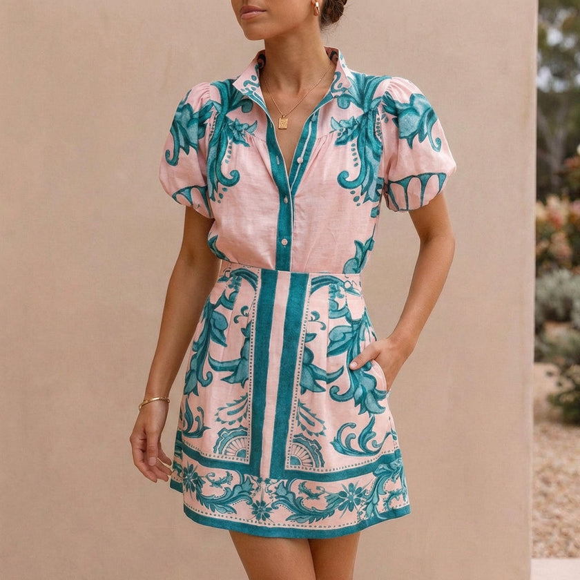 FJØRNA green puff sleeve button-front top and A-line mini skirt matching set with band collar, stylish 2-piece ensemble.