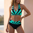 FJØRNA striped wrap halter bikini set for women with green and white vertical stripes, featuring a stylish halter top and matching bottoms.