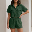 FJØRNA green button front pocket shirt and shorts lounge set, 2-piece casual sleepwear with relaxed fit and comfortable fabric.