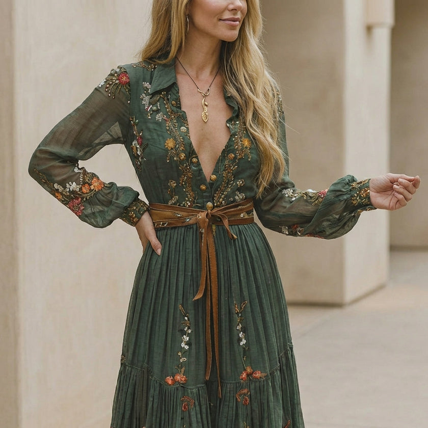 Green embroidered belted A-line maxi dress for women by FJØRNA, features a collared neckline and detailed embroidery.