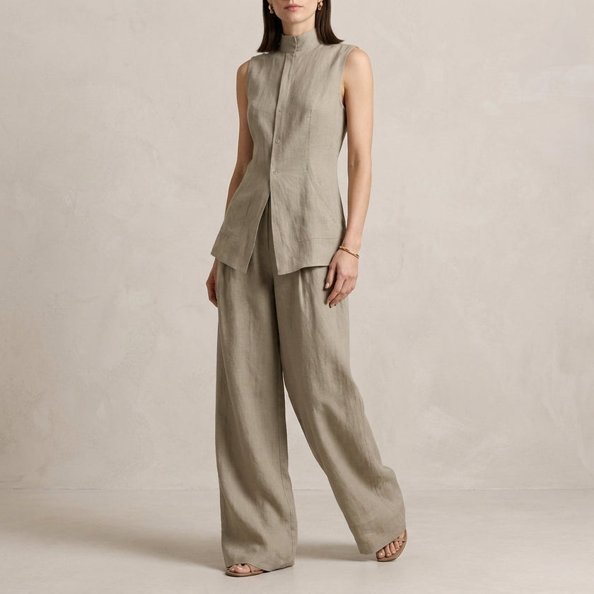 FJØRNA sleeveless high-neck two-piece set with flowing wide-leg trousers in grey, stylish and elegant casual outfit.