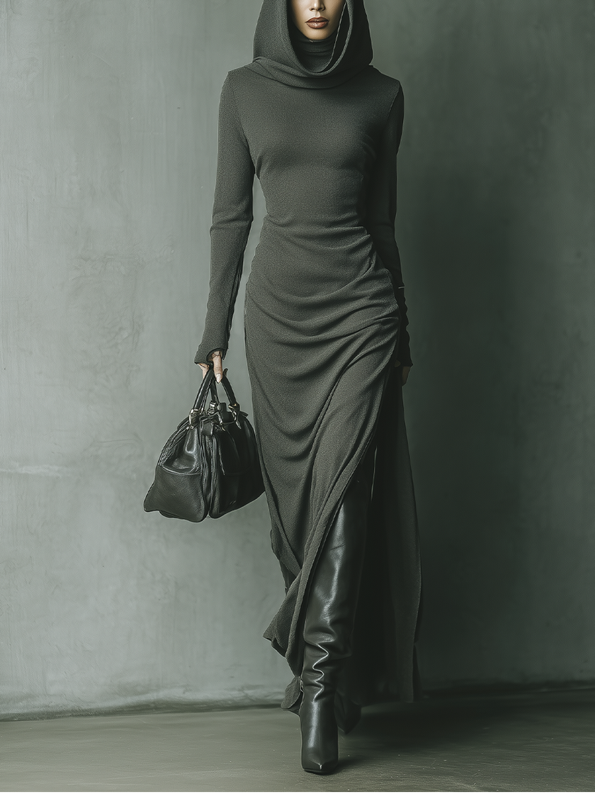 Grey Knit Hooded Maxi Dress For Women