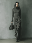 Grey Knit Hooded Maxi Dress For Women
