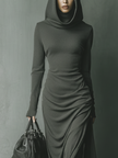Grey Knit Hooded Maxi Dress For Women