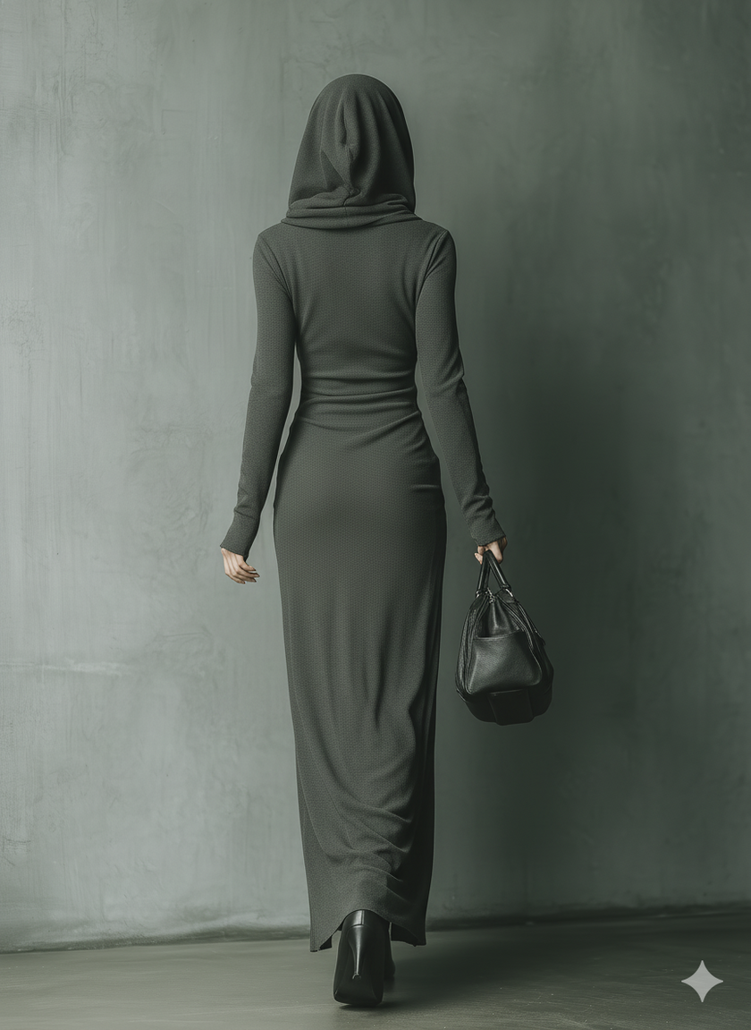 Grey Knit Hooded Maxi Dress For Women