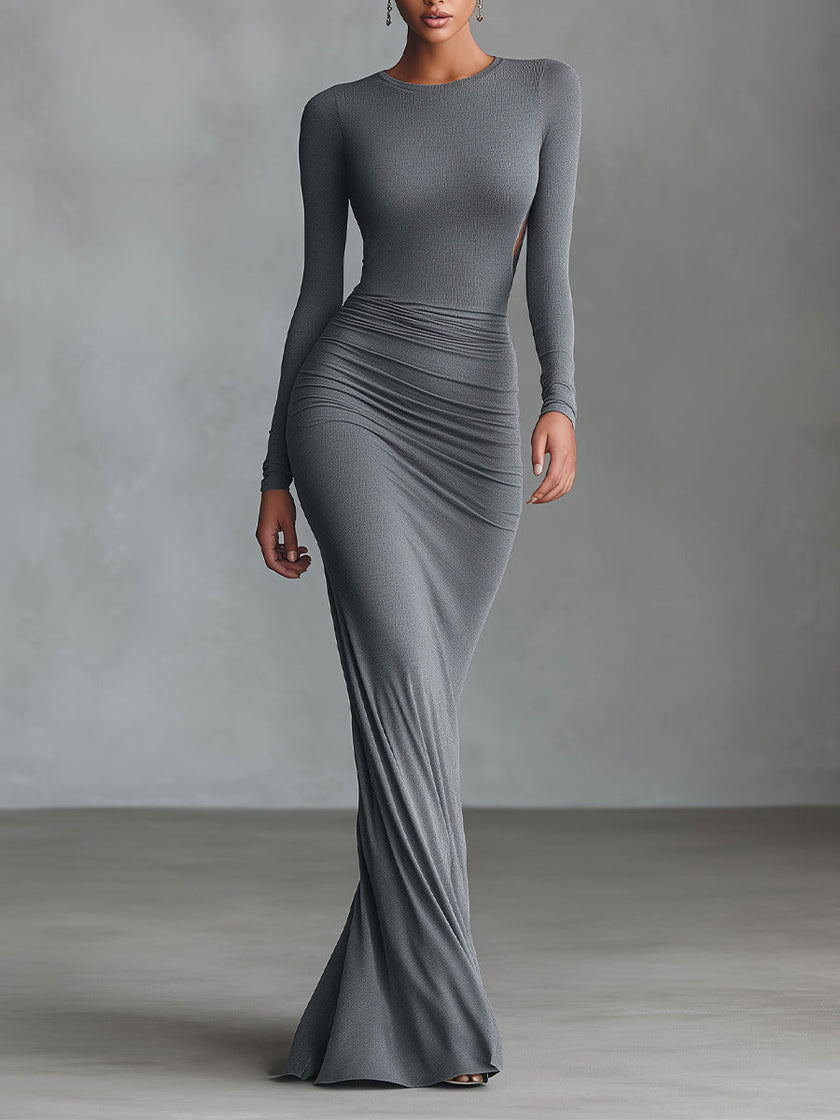 Grey Knit Ruched Maxi Dress | Evening Dress