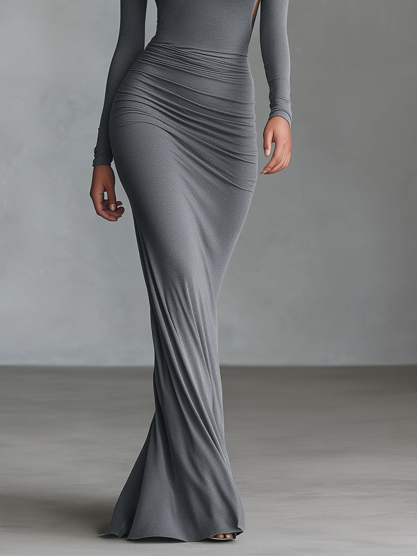 Grey Knit Ruched Maxi Dress | Evening Dress