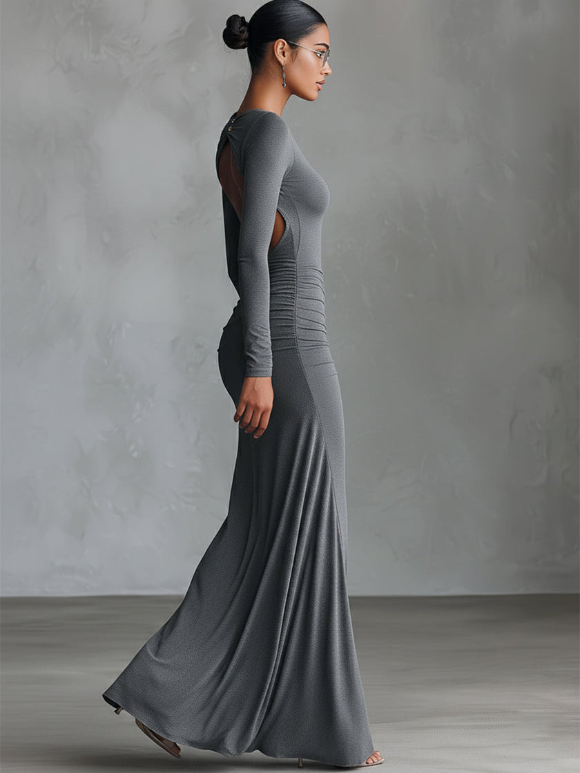 Grey Knit Ruched Maxi Dress | Evening Dress