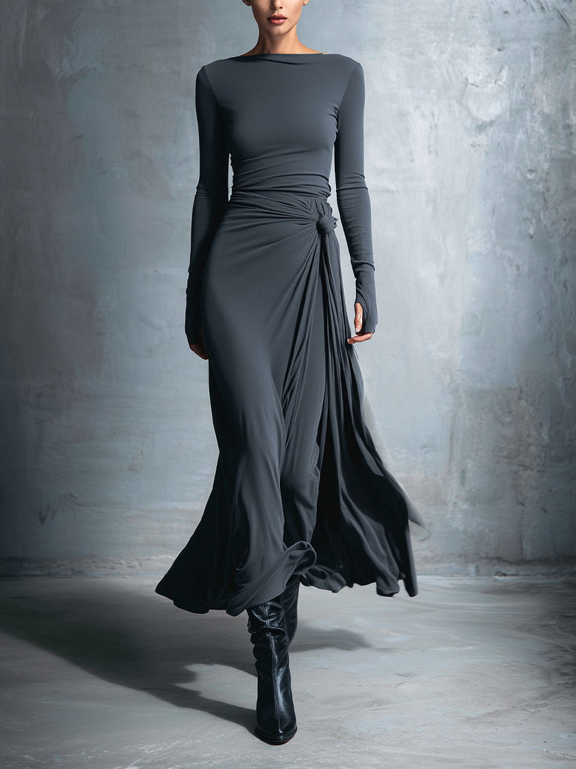 Grey Knit Wrap Maxi Dress For Women