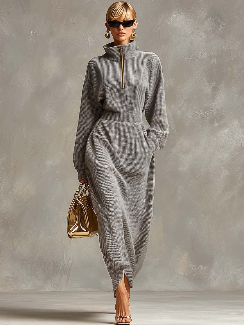 Grey Waffle Long Sleeve Maxi Dress | Casual Dress