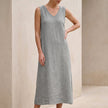 Grey FJØRNA elegant midi dress for women with a V-neck and sleeveless design, perfect for sophisticated occasions.