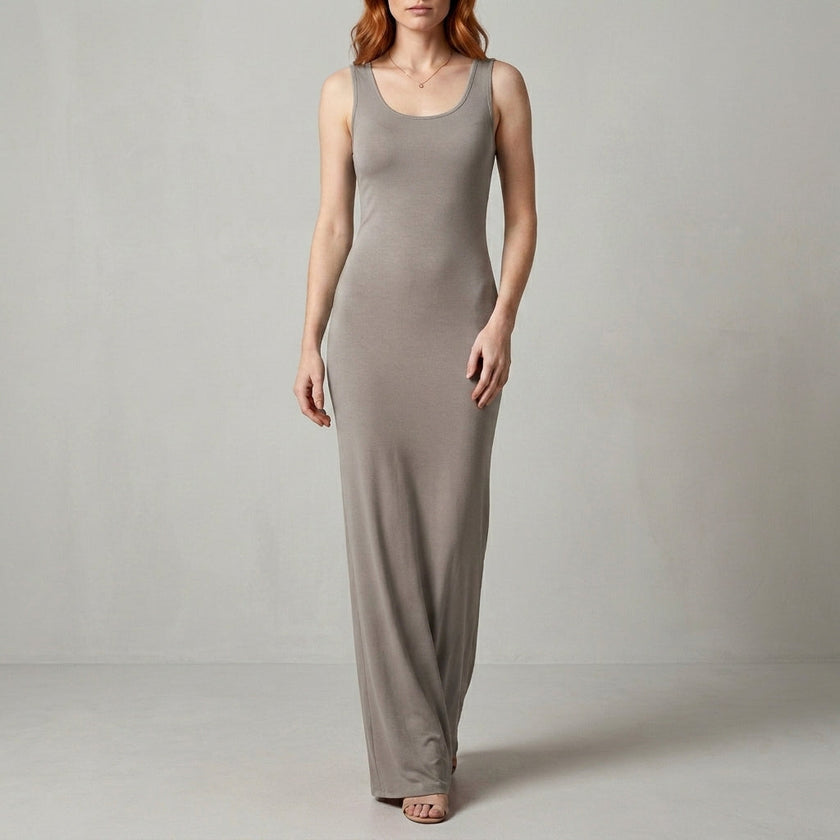 Grey Valentina Rossi sleeveless scoop neck maxi dress by FJØRNA with a body-skimming silhouette, perfect for elegant summer occasions.