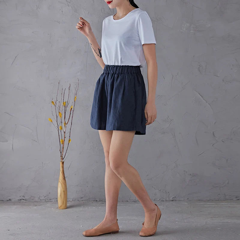 FJØRNA women's linen blend high waist elastic shorts, lightweight and comfortable pants for warm weather.