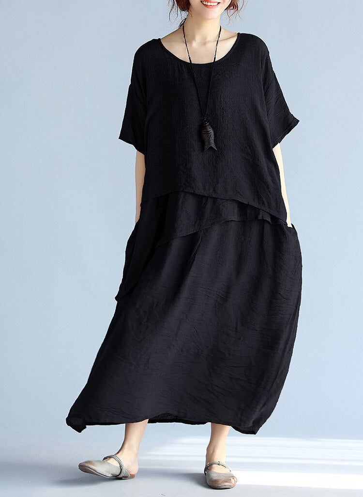 Gray linen cotton maxi dress by FJØRNA, casual wedding dress with flowing silhouette and relaxed fit, perfect for warm weather.