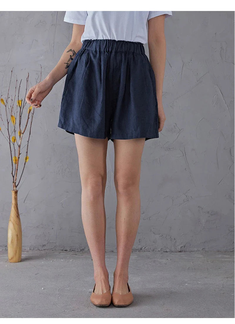 FJØRNA women's linen blend high waist elastic shorts, lightweight and breathable pants, perfect for casual summer wear.