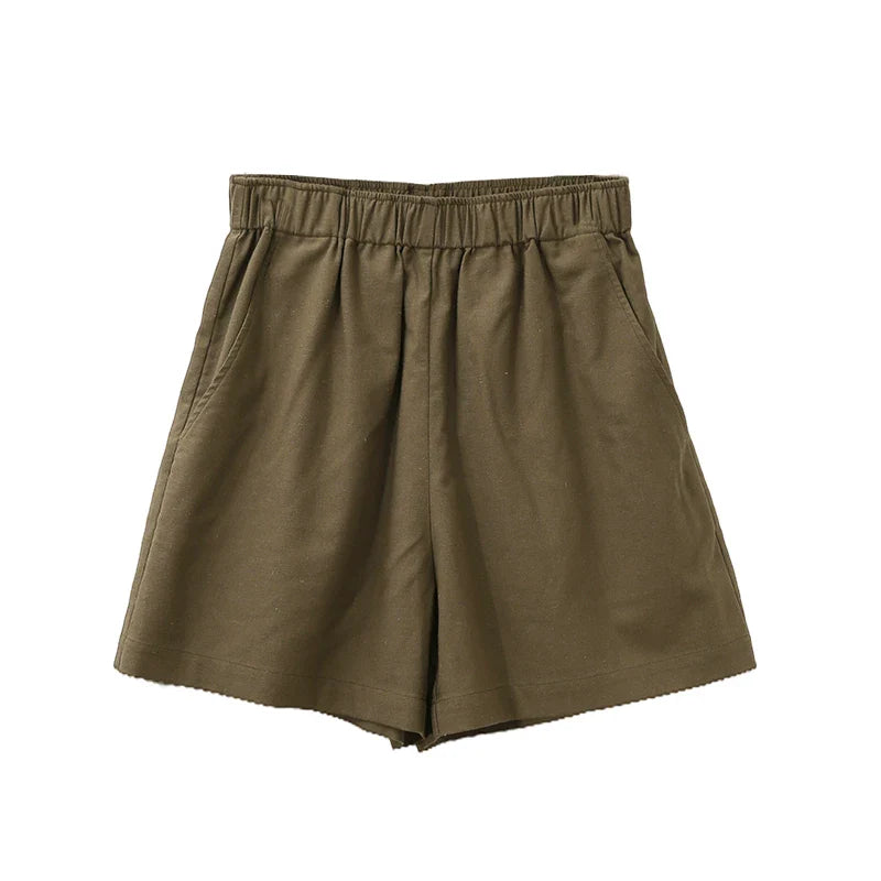 FJØRNA women's linen blend high waist elastic shorts, lightweight pants with a relaxed fit and comfortable design.