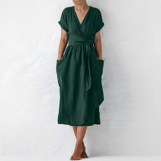 FJØRNA women's elegant midi dress with V-neck and short sleeves, stylish and comfortable for casual or formal wear.