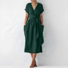 FJØRNA women's elegant midi dress with V-neck and short sleeves, stylish and comfortable for casual or formal wear.
