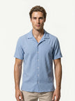 FJØRNA men's casual short sleeve button-up shirt, light fabric with a classic design, displayed in a close-up shot.