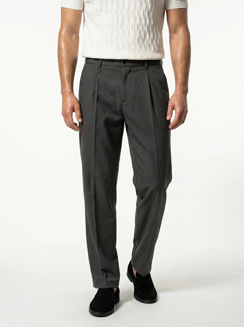 FJØRNA men's straight fit tailored trousers, classic and versatile, shown in a close-up focusing on the fabric and fit.