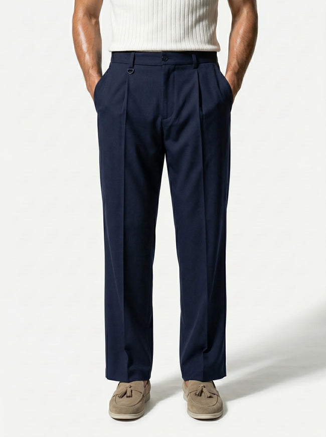 FJØRNA men's straight fit tailored trousers, classic style, in a neutral color, focused on the waist and leg fit.
