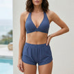 Hazel blue women's halter neck ruched summer bikini top by FJØRNA, featuring stylish design and supportive fit.