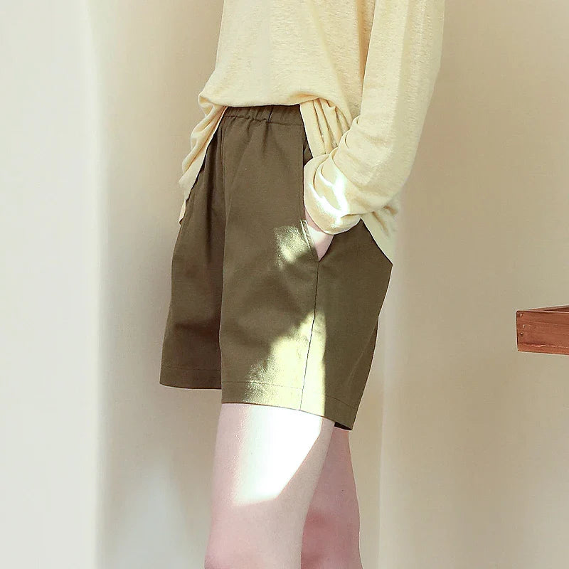 FJØRNA women's linen blend high waist elastic shorts, lightweight and comfortable pants for warm weather, shown in a natural pose.
