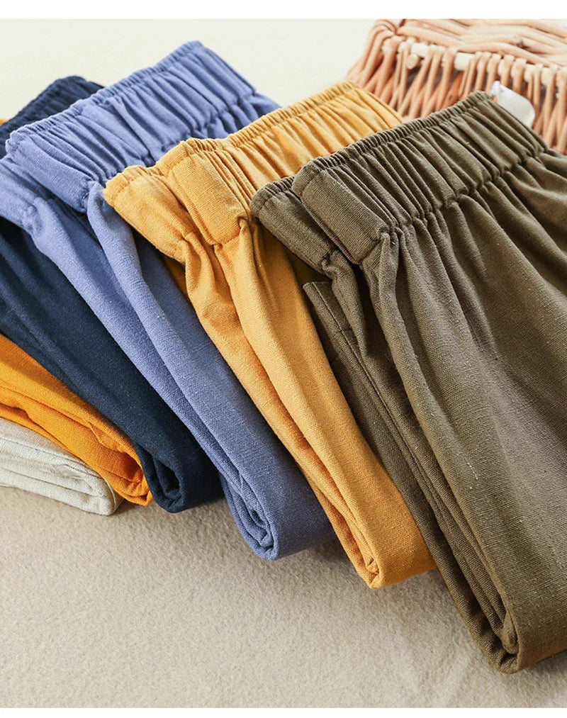 FJØRNA women's linen blend high waist elastic shorts, lightweight and breathable pants with a comfortable fit.