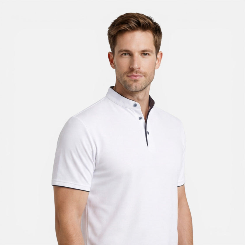 Men's soft cotton slim fit Henley shirt from FJØRNA featuring short sleeves and casual style, shown in a natural fit.