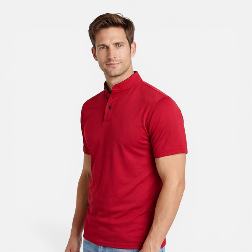 FJØRNA men's short sleeve Henley shirt in soft cotton with slim fit, casual style, featuring a button neckline and classic design.