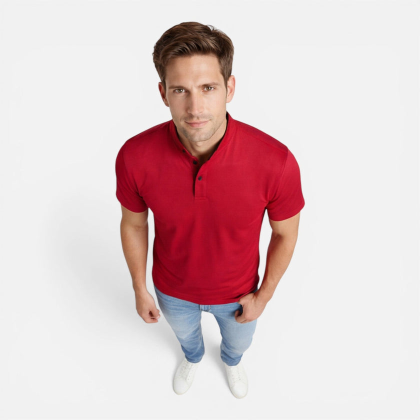 Men's FJØRNA short sleeve Henley shirt in soft cotton with a slim fit, casual style, featuring buttoned neckline and comfortable fit.