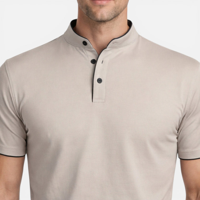 Men's soft cotton slim fit Henley shirt from FJØRNA with short sleeves, casual style, and classic button neckline.