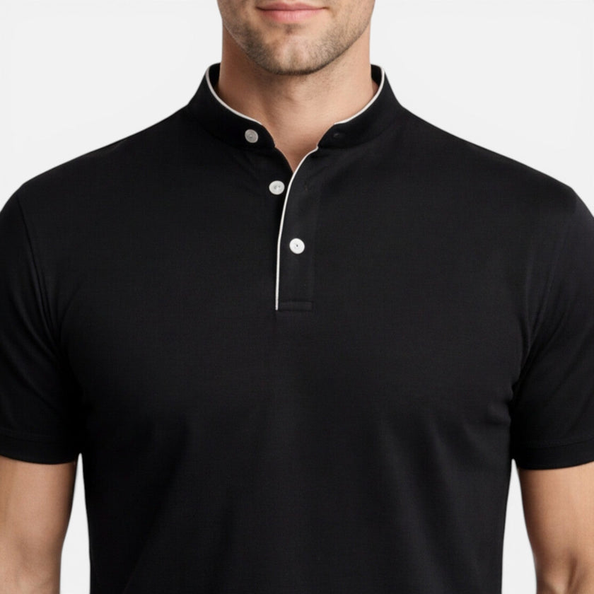 Men's FJØRNA short sleeve Henley shirt in soft cotton with a slim fit, casual style, and buttoned neckline.