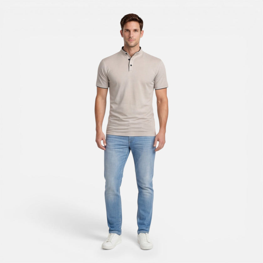 Men's FJØRNA short sleeve Henley shirt in soft cotton with a slim fit, casual style, displayed on a hanger.