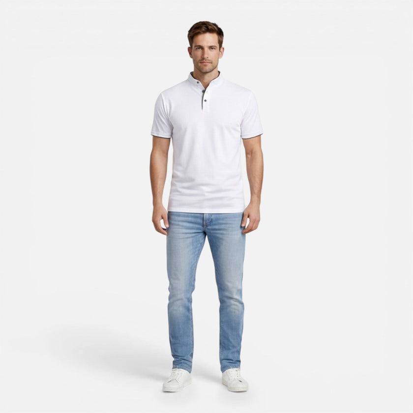 Men's slim fit Henley shirt by FJØRNA, soft cotton casual short sleeve shirt with a classic henley neckline.