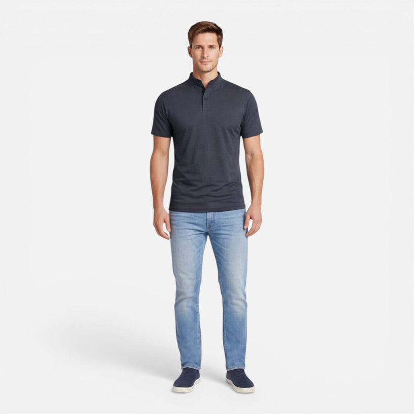 Men's FJØRNA short sleeve Henley shirt in soft cotton with slim fit, casual style, showcasing the neckline and fabric texture.