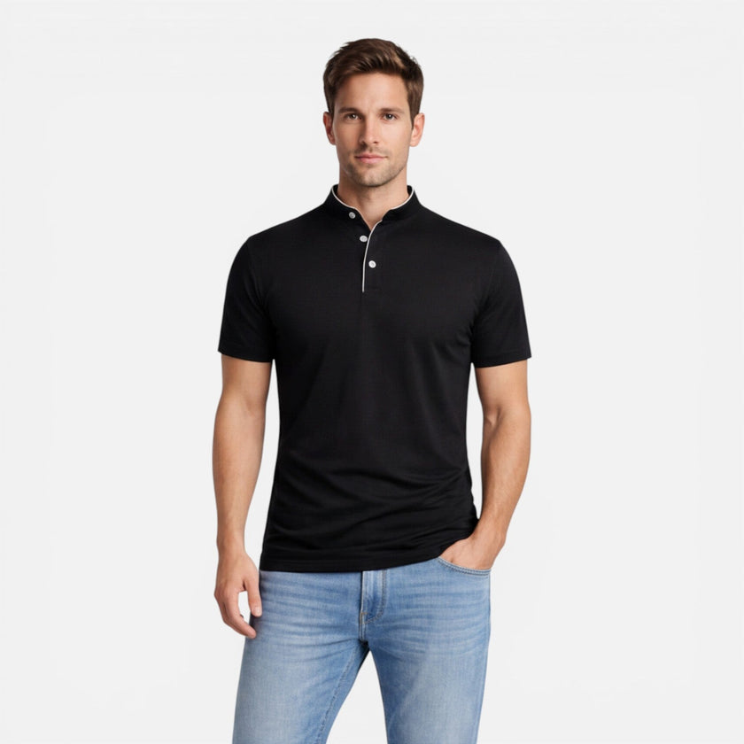 Men's FJØRNA short sleeve Henley shirt in soft cotton with a slim fit, casual style, and classic design.