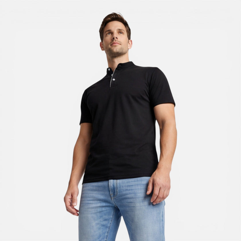Men's slim fit short sleeve Henley shirt by FJØRNA in soft cotton, casual style with buttons and classic neckline.
