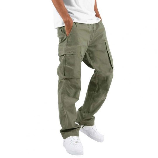 Men's cotton cargo pants with side pockets, FJØRNA brand, shown in a casual fit, in neutral fabric and design.