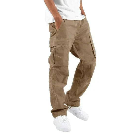 Men's cotton cargo pants with side pockets from FJØRNA, featuring a relaxed fit and practical design.