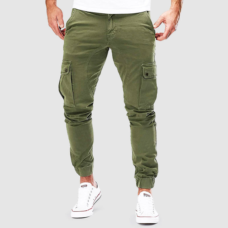 Men's FJØRNA cargo pants in cotton, slim fit with multiple pockets, casual men's pants for versatile wear.