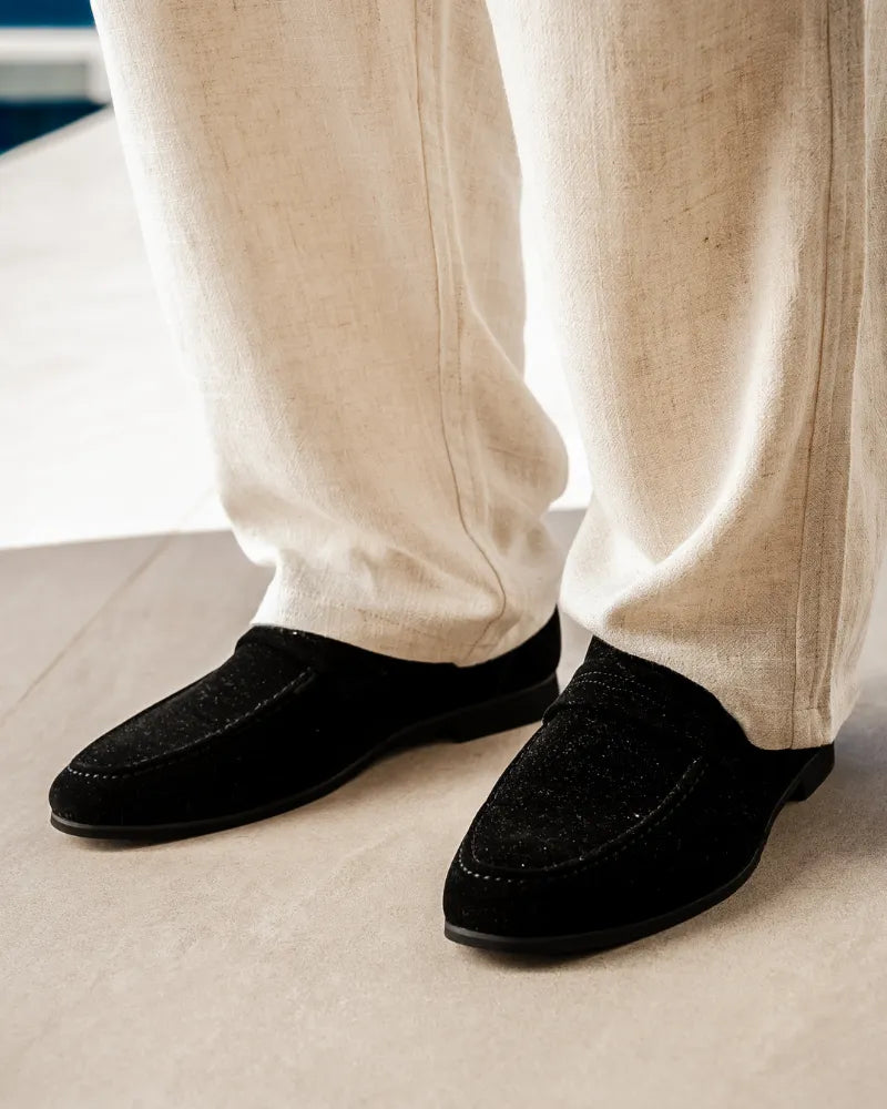 Men's suede slip-on shoes by FJØRNA, featuring a comfortable loafer design with stylish craftsmanship.