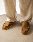 Men's classic suede loafers by FJØRNA, premium men's slippers with fur lining, showcasing sleek moccasin-style design.